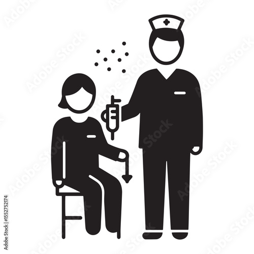 Nurse administering intravenous drip to a seated patient in a simple flat illustration