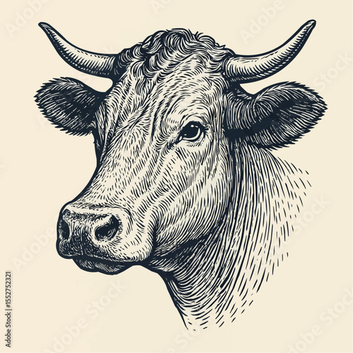 Cow, bull, beef. Vintage retro print, black white cow, bull, beef sketch ink pencil drawing, engrave old school. Sketch artwork silhouette head cow. Side view profile beef bull. Vector Illustration