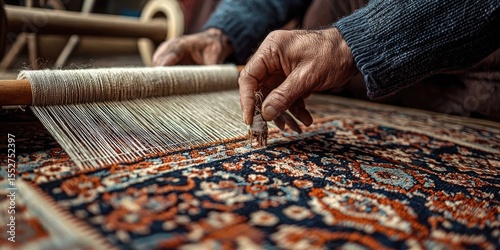 Close-up of hands weaving detailed floral-patterned textile on loom with colorful threads in artisan workshop. Generative by AI.
