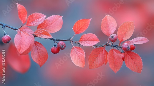Red autumn leaves and berries branch.