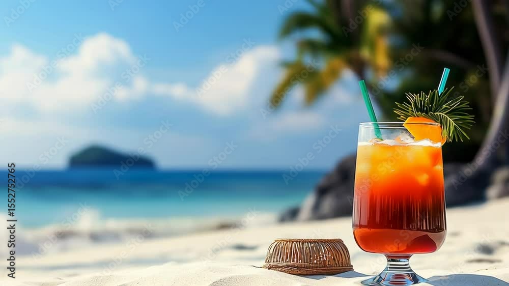 Refreshing tropical cocktail served in a glass with ice, garnished with orange slice and green straw, placed on sandy beach with ocean waves and palm trees in the background, evoking relaxation and va
