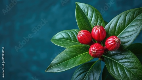 Red berries with green leaves, and dark background.