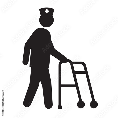 Silhouette illustration of a nurse assisting a patient with a walker in healthcare and elderly care