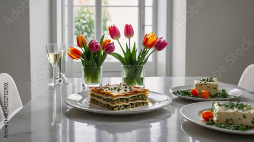 homemade lasagna and glass drink placed on elegant marble table next to flower vase in soft light dining room warm cozy ambiance Premium Food Stock Photo Background Wallpaper