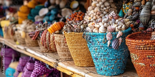 Woven baskets filled with multicolored seashells and hanging shell ornaments displayed on shop counter at coastal market. Generative by AI.