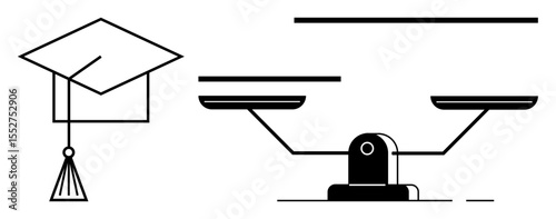Graduation cap beside a balanced scale symbolizes equity, education, knowledge, decision-making, fairness, and justice. Ideal for law, education ethics governance equality social fairness. A