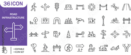 Road Infrastructure Icon Set, Street, Traffic, Transport, Sign, Map, Urban, Editable

