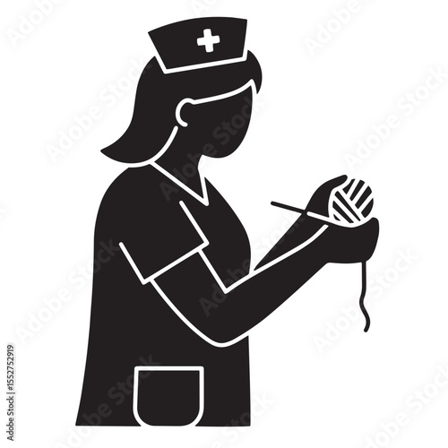 Silhouette of a nurse with wool and crochet hook creating a handmade craft on white background