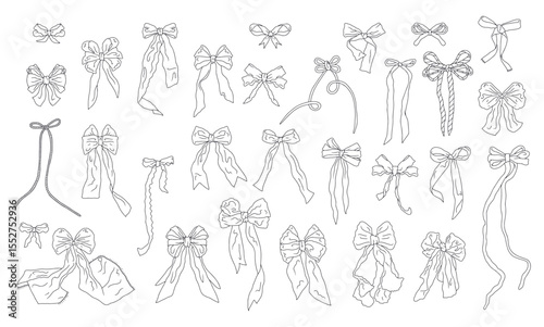 Cute hand drawn fancy linear black and white bow knots bundle isolated on white background. Pretty vintage monochrome line art coquettes set. Doodle decoration clipart. Vector illustration