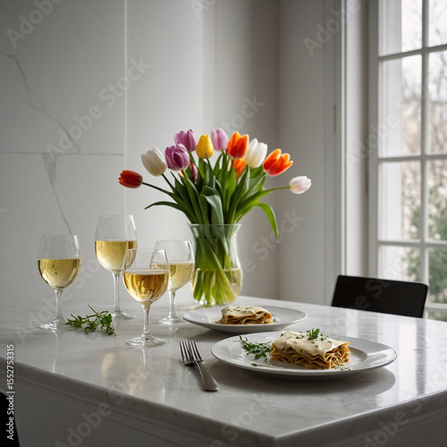 homestyle lasagna and drink with floral decor arranged on marble table in soft lit dining room interior natural daylight peaceful home setup Premium Food Stock Photo Background Wallpaper