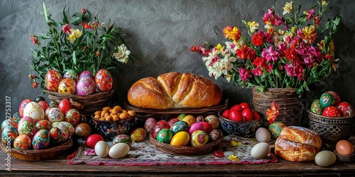 Table with baskets of decorated eggs, loaves of bread, greenery, and tulips arranged on lace cloth, suggesting festive setting. Generative by AI.