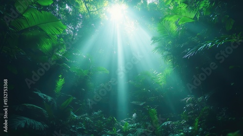 Sunbeams in Lush Rainforest.
