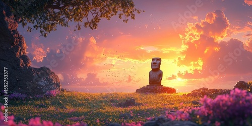 Moai stone statues standing in grassy field under dramatic sunset sky, long shadows cast across the landscape. Generative by AI.