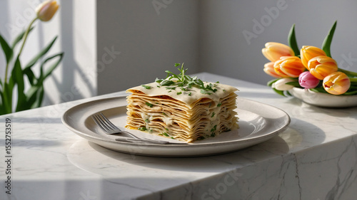 glass drink and lasagna on marble table next to flower vase inside soft lit cozy home dining room clean elegant peaceful daylight decor concept Premium Food Stock Photo Background Wallpaper