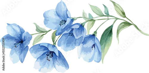 Delicate Watercolor Blue Flowers and Leaves