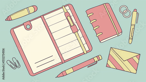 Planner stationery office supplies organization notebook pen envelope clip rings pastel aesthetic study