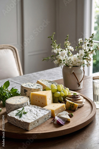 elegant dining setup with blue cheese fruit platter and glass drink on marble table next to flower vase under soft window light in bright minimalist home interior wallpaper background