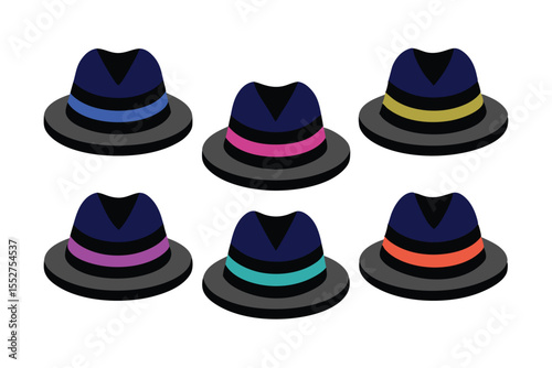 set of black fedora hats vector illustration on white background