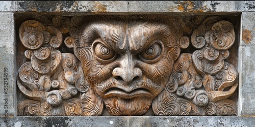 Close-up of intricate wooden carving depicting a symmetrical face with large eyes and swirling patterns on textured surface. Generative by AI.