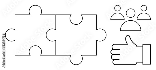 Interlocking puzzle pieces, group of people icons, and a thumbs-up hand representing teamwork, unity, problem-solving, approval, collaboration, success connection. Ideal for team-building