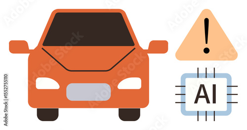 Orange autonomous car, warning triangle with exclamation mark, and AI chip emphasizing vehicle safety, automation, and technology. Ideal for AI, transport, innovation, safety robotics future tech