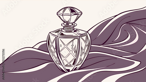 Elegant perfume bottle illustration with diamond cut glass and purple fabric background design