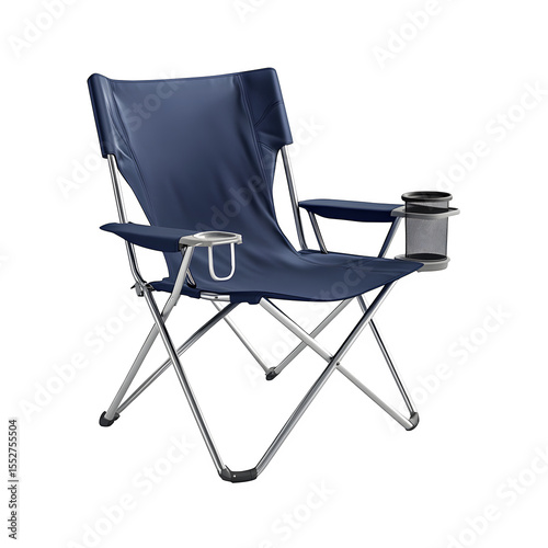 realistic product folding chair with navy fabric camping chair with cup holder isolated on pure white background subtle soft shadow clean studio lighting, ultra-high detail, PNG stock render :