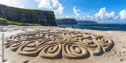 Coastal cliffside path with circular Celtic stone carving overlooks ocean at sunset under cloudy sky. Generative by AI.