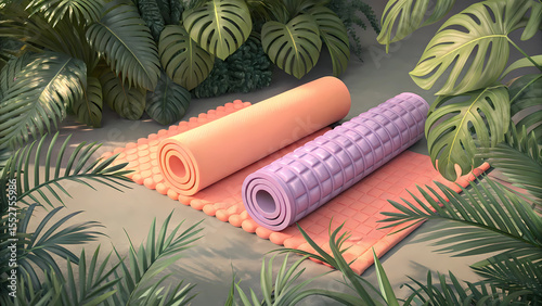 Yoga mat and foam roller product shot surrounded by tropical plants for fitness and wellness promotion