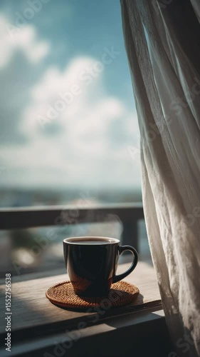 Dark mug of steaming hot beverage on wooden surface, near sheer white curtains, bright daylight and blue sky backdrop.