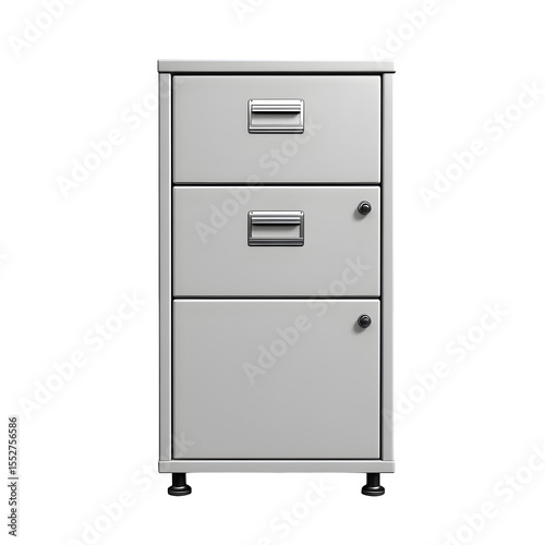 realistic product filing cabinet with three-drawer steel cabinet in light grey isolated on pure white background subtle soft shadow clean studio lighting, ultra-high detail, PNG stock render :