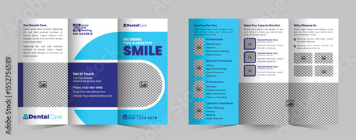 Customizable dental care clinic tri-fold brochure Design template featuring services, expert profiles, and contact info. Perfect for attracting new patients 