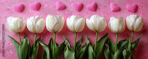White tulips with pink hearts on a festive pink background