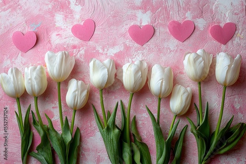 White Tulips and Hearts on a Pink Background with Romantic Atmosphere