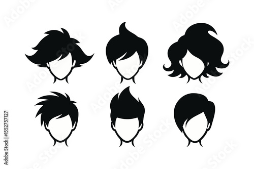 set of six hairstyle silhouette on white background
