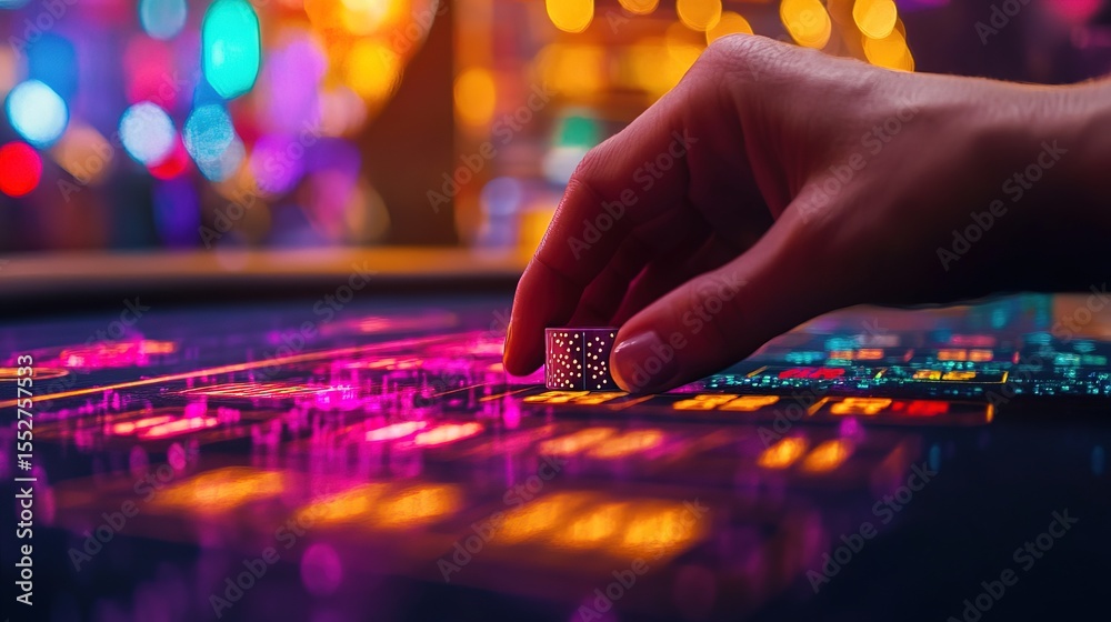 A dramatic close-up of a hand placing a bet, probabilities flashing in holographic numbers A dramatic close-up of a hand placing a bet, probabilities flashing in holographic numbers