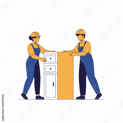 Movers Carefully Transporting Furniture Across White Background