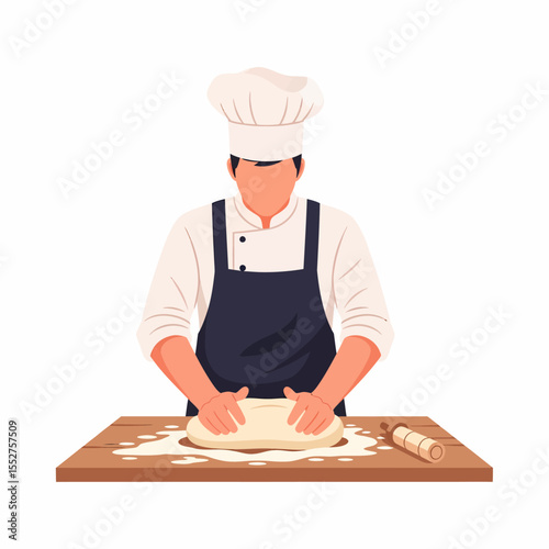 Skilled Chef Kneading Dough on Wooden Board for Baking Delicious Pastries