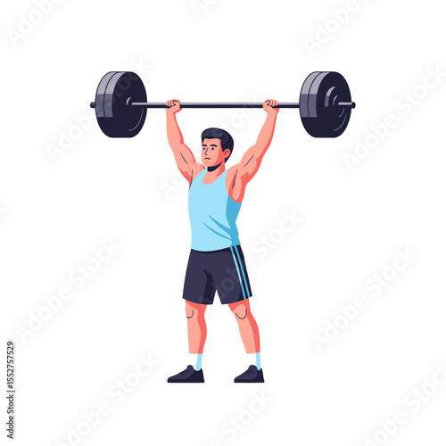 Athlete performing overhead barbell press exercise in gym for strength training
