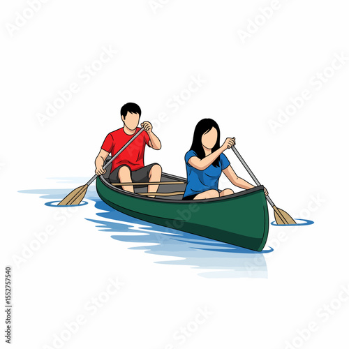 Young Couple Canoeing Together on a Calm Lake Enjoying Outdoor Recreation