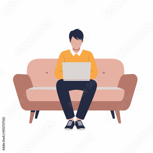 Man working on laptop while sitting on a comfortable sofa at home or office