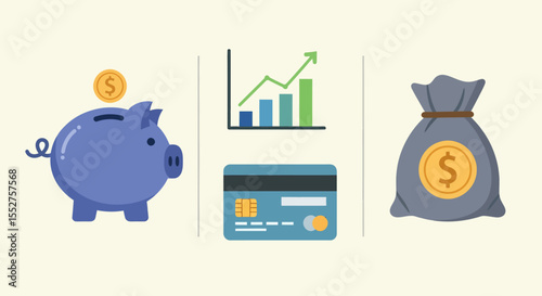 Financial Growth Piggy Bank Credit Card and Money Bag Icons Representing Savings Investment and Wealth Building