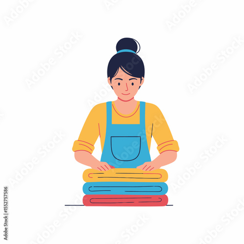 Woman Folding Clean Laundry Clothes with Care Home Housework Chores