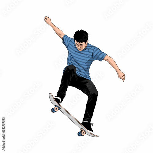 Young athletic man performing skateboarding trick on a white background