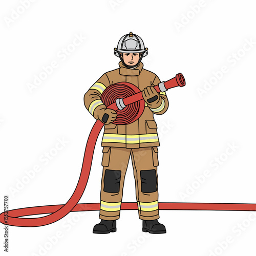 Professional Firefighter in Uniform Holding Fire Hose Ready for Action