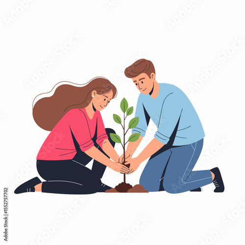 Couple planting a sapling together demonstrating teamwork and environmental care