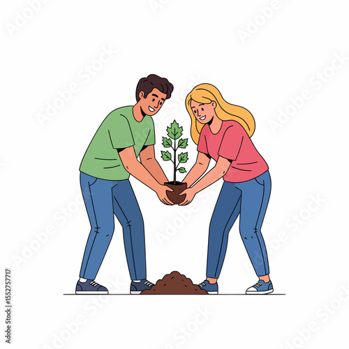 Couple planting a small tree together in a garden promoting environmental conservation
