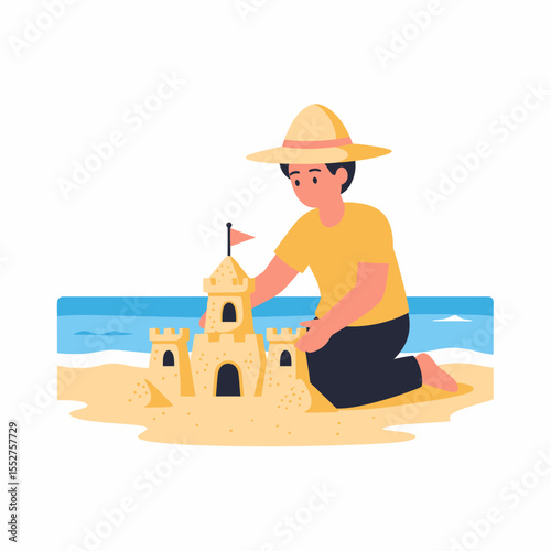Young Boy Building Sandcastle on Beach during Sunny Day