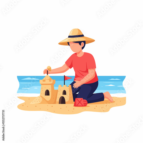 Child building sandcastle on sunny beach by the ocean with waves and blue sky