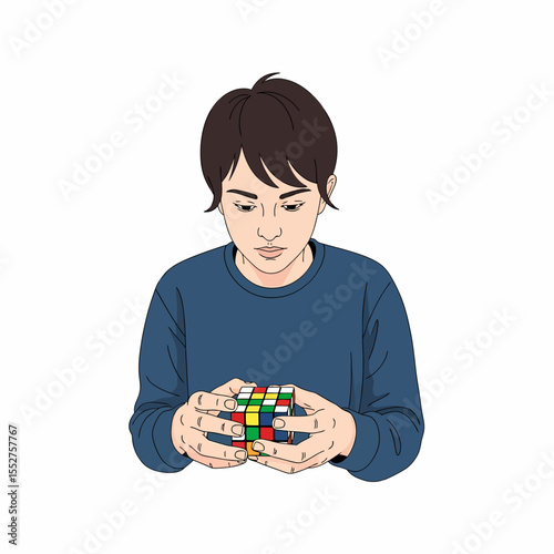 Young person solving a colorful cube puzzle with concentration and focus